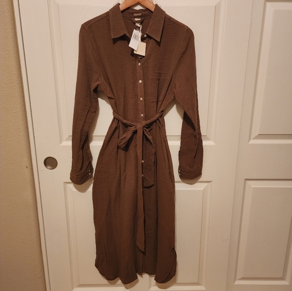 Magaschoni Women Button-Up Midi Shirtdress Dark Green Organic Cotton Size Large